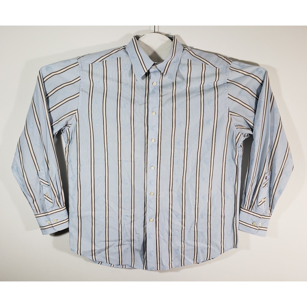 ROBERT GRAHAM Blue Striped Embroidered Paisley Flip Cuff Long Sleeve Shirt XL